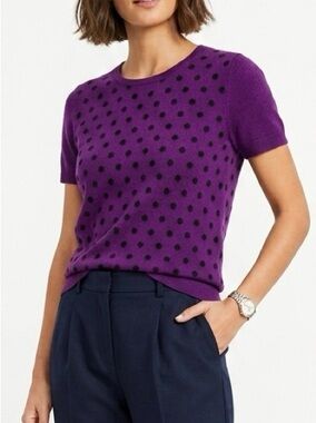 LOFT Purple Polka Dot Back Button Knit Sweater Top Retro Elevated Casual